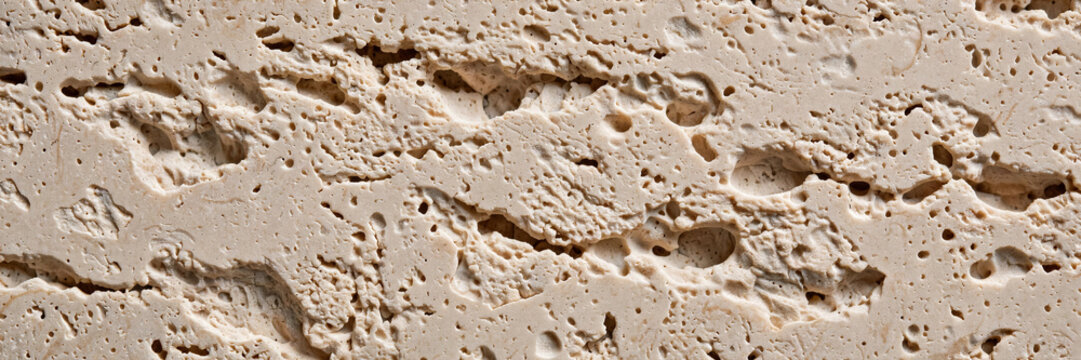 Horizontal macro texture natural light beige travertine stone surface deep organic pores graphic banner