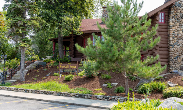 Close up exterior view of the historic Wilford H. Fawcett House at Breezy Point Resort in northern Minnesota, on August 11, 2026 in Breezy Point, Minnesota, USA