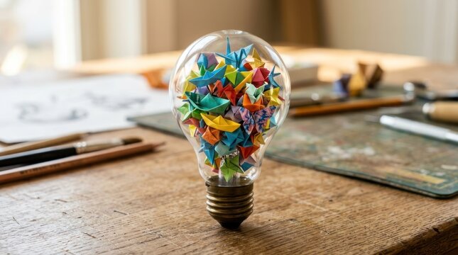Origami Cranes Inside a Lightbulb: A clear glass lightbulb filled with colorful origami cranes sits on a wooden desk, symbolizing creativity, innovation, and imagination.