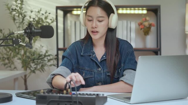 Podcast digital creator home studio woman host microphone headphone guide for focused recording with laptop and audio mixer, cozy setup for editing and voice work, mixing sound with confidence