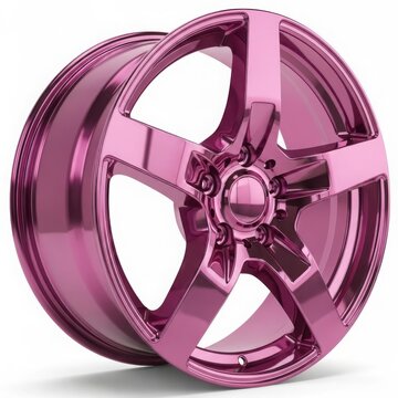 Purple alloy car wheel with five spokes isolated on white background