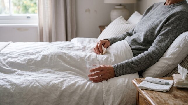 An elderly person resting in bed with a glass of water, tissue, and thermometer while recovering from an illness at home.