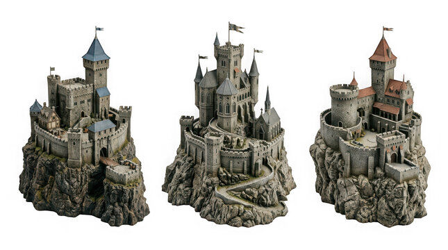 Three detailed miniature medieval stone castles on rocky cliffs isolated on transparent background