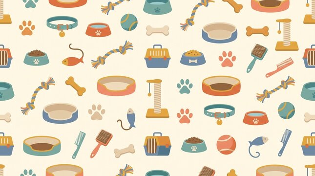 Pet Care Pattern with Dog and Cat Accessories, Toys and Grooming Supplies