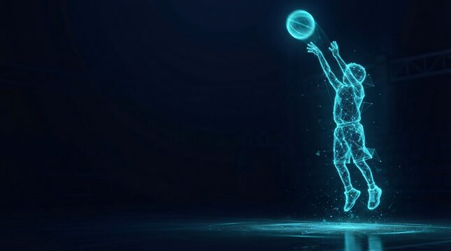 Digital glowing wireframe child playing basketball and throwing glowing ball with basketball player digital boy cyber sport futuristic basketball hologram ball