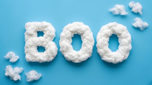The word boo spelled out with soft white cotton clouds on a bright blue background, creative concept for halloween or skythemed design