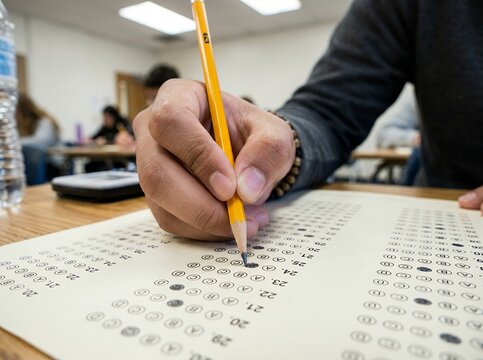 Student taking a multiple choice test with a pencil.