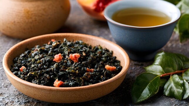 A bowl of dark oolong tea leaves with dried peach pieces  beside a cup of brewed tea and fresh green tea leaves