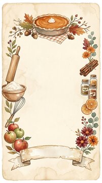 Vintage Watercolor Thanksgiving Recipe Card with Seasonal Autumn Baking Border