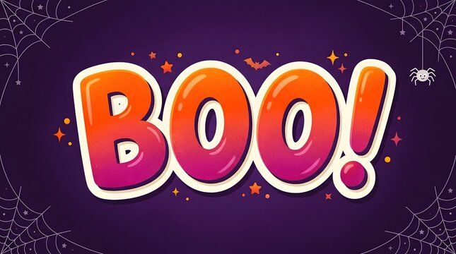 Colorful cartoon boo text with spider webs and spider on purple background