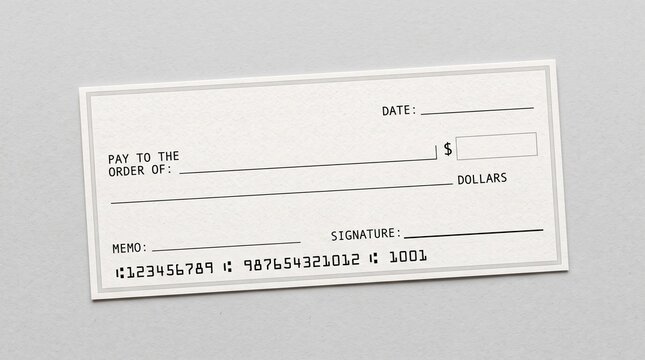 Blank bank check template for business financial payment transactions.