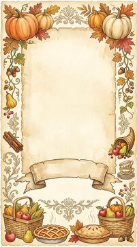 Vintage Thanksgiving Harvest Celebration Border with Autumnal Food Illustrations