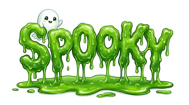 Spooky text written in green slime with a cute little ghost character, isolated on white background