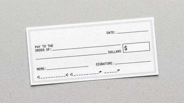 Blank bank check template for financial transactions and payments.