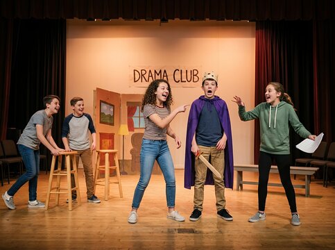 Young actors performing on stage in a drama club production.