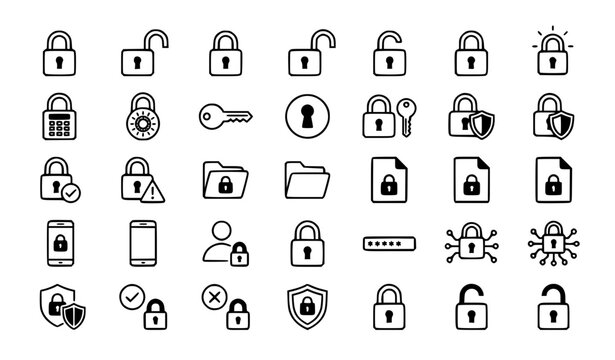 Lock, password and security icons, cybersecurity and data protection symbols vector set, outline padlock, key, secure folder, encrypted file, smartphone privacy, shield and network safety elements