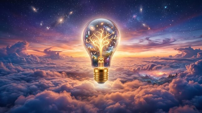 Cosmic Idea: A glowing lightbulb cradled in clouds, containing a vibrant tree of life and distant galaxies, symbolizes boundless imagination and the universe of possibilities.