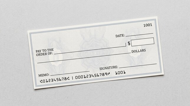 Blank bank check template for financial transactions and payments.