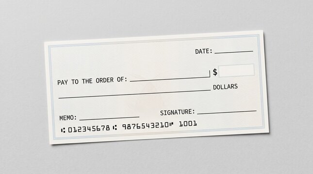 Blank bank check template for financial payments and transactions.