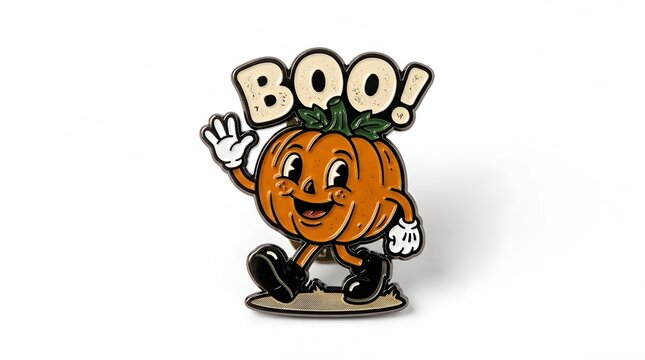 Vintage style cartoon pumpkin character enamel pin with a waving hand and boo text isolated on white background