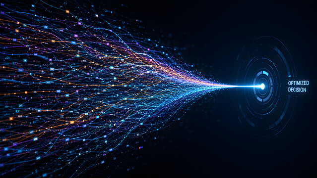 AI Decision Making Concept with Data Pathways Converging into One Optimal Solution