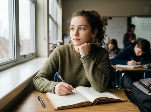 Young student girl daydreaming in classroom looking out window during lesson.