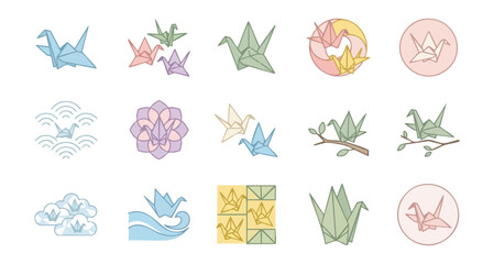 Obraz premium Origami crane symbols and decorative elements collection