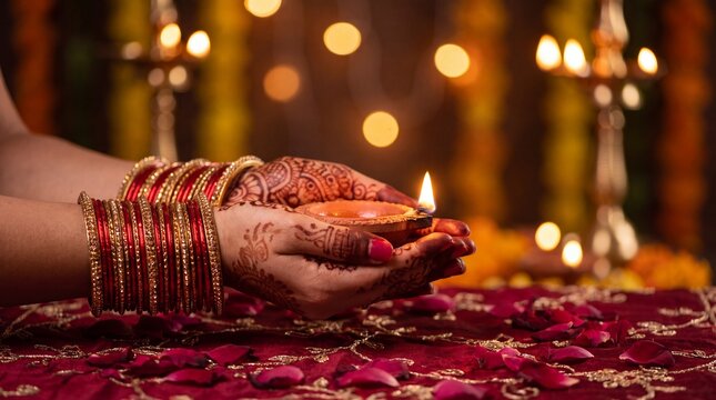 Happy Karwa Chauth greeting - Mehndi hands holding glowing diya on red silk.