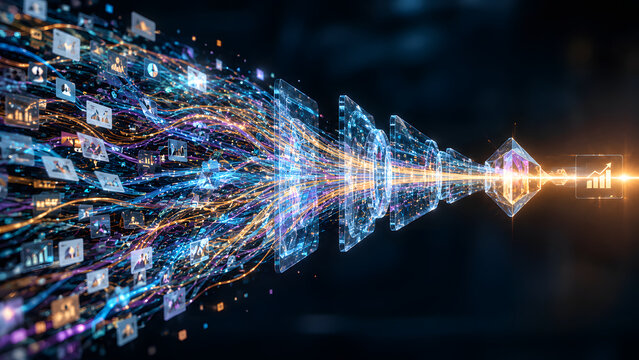AI Decision Making Concept with Data Pathways Converging into One Optimal Solution
