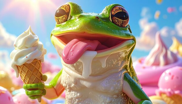 Whimsical cartoon frog licking colorful ice cream cone with sprinkles and waffle bowl
