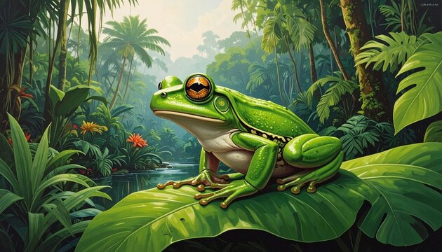 Green Frog Illustration in Lush Jungle Scene Sitting on Large Tropical Leaf Rainforest Art