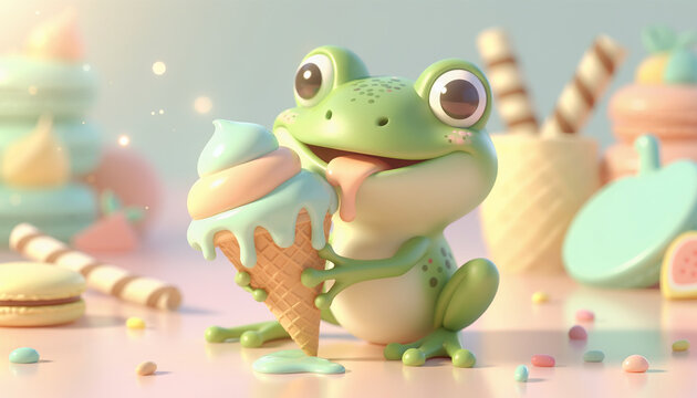 Cute Frog Illustration Eating Ice Cream Treat in Pastel Colors for Kids Design Projects