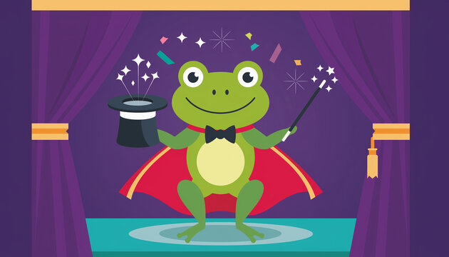 Cute Frog Magician Illustration Performing a Magic Trick on Stage with Hat and Wand