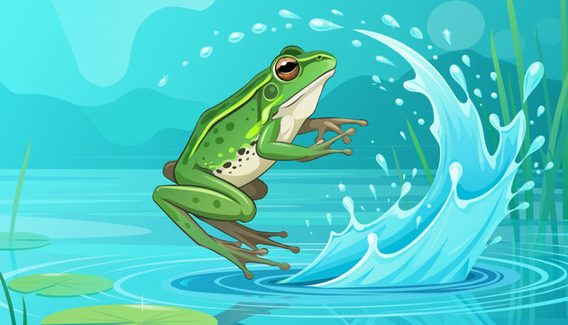Green Frog Illustration Jumping and Creating a Water Splash in a Pond Environment