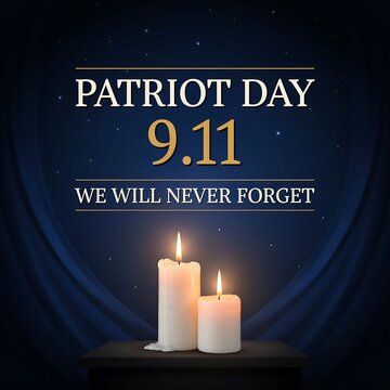 Patriot day remembrance graphic with two glowing candles and dark blue draped curtains design for solemn national anniversary social media post or commemorative card.