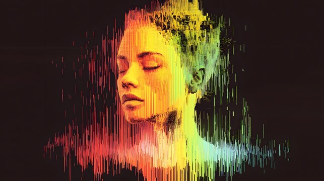 Digital glitch portrait of a woman face with heatmap spectrum lines, ideal for cybersecurity and AI visuals.