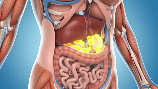 Medical animation depicting the development of pancreatic cancer, showing the tumor growing and spreading within the human abdomen, highlighting the affected organ and surrounding viscera