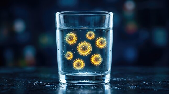 Microscopic virus cells in drinking water glass, contaminated liquid with glowing yellow bacteria, waterborne pathogen concept