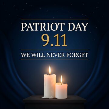Patriot day remembrance graphic with two glowing candles and dark blue draped curtains design for solemn national anniversary social media post or commemorative card.