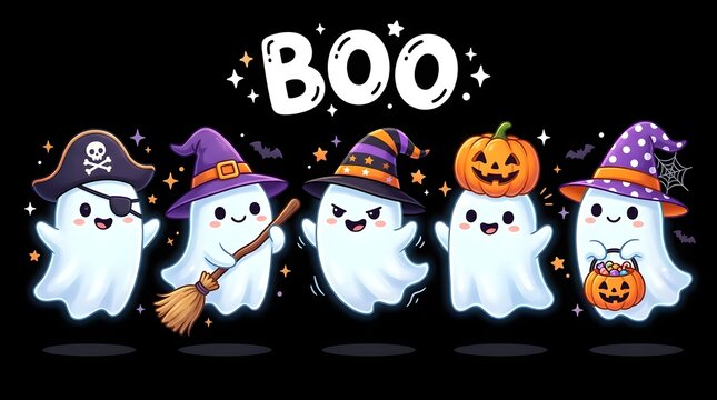 Cute ghosts in costumes with pumpkin and broom on black background