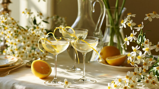 Three elegant cocktails featuring lemon zest garnish and fresh lemons on a beautifully arranged table with blooming white flowers