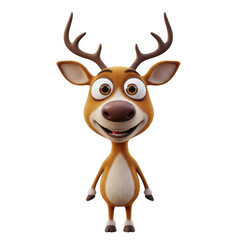 Naklejka premium Cute 3D cartoon deer character with large antlers, friendly animated reindeer mascot on white background, brown forest animal illustration