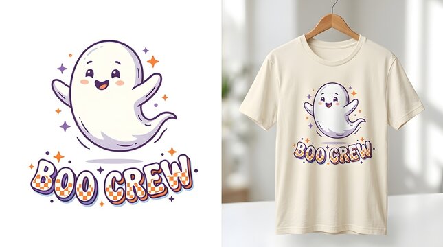 Cute ghost illustration with boo crew text, perfect for halloween tshirt design, featuring stars and a checkered pattern, isolated on white background