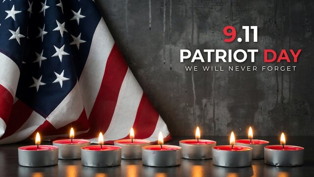 Patriot day graphic featuring american flag background with multiple burning votive candles for solemn national remembrance and commemorative social media content design.