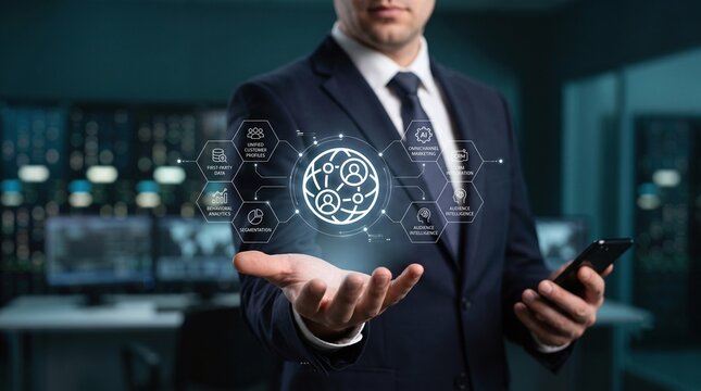 Marketing executive holding a holographic Customer Data Platform (CDP) and audience intelligence dashboard.