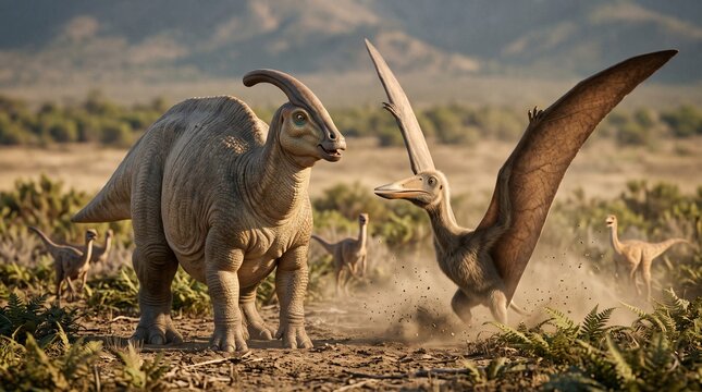 Dinosaurs in prehistoric landscape with mountains and vegetation