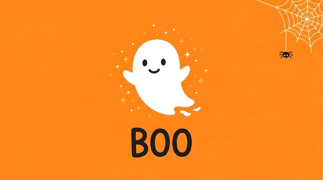 Cute little ghost floating on a bright orange background with a spider web and spider in the corner, simple halloween greeting card design