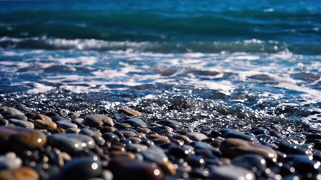 Sea waves crashing on a wet pebble beach under sunlight
