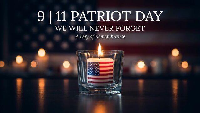 Patriot day memorial concept featuring single candle with american flag pattern and blurred lights background for solemn remembrance and national unity day content.