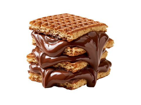Stack of crispy waffles with melted chocolate cream isolated on white background